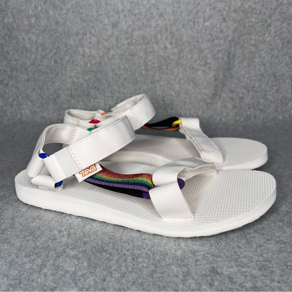 Teva Unisex Womens Sz 8 Original Universal Pride White Sandal Rainbow Strap